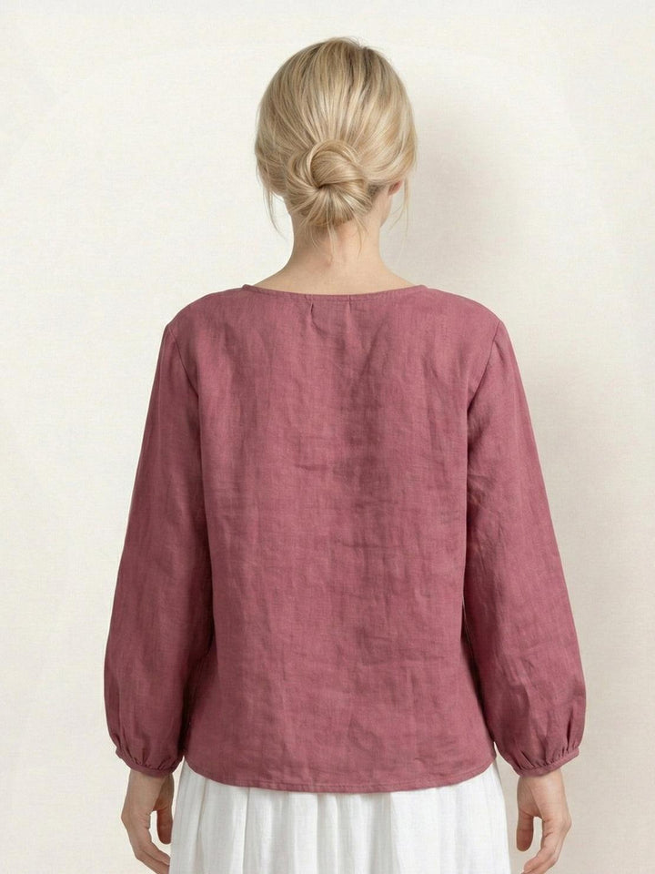 100% Cotton-Linen Embroidered Blouse raspberry red image 4 