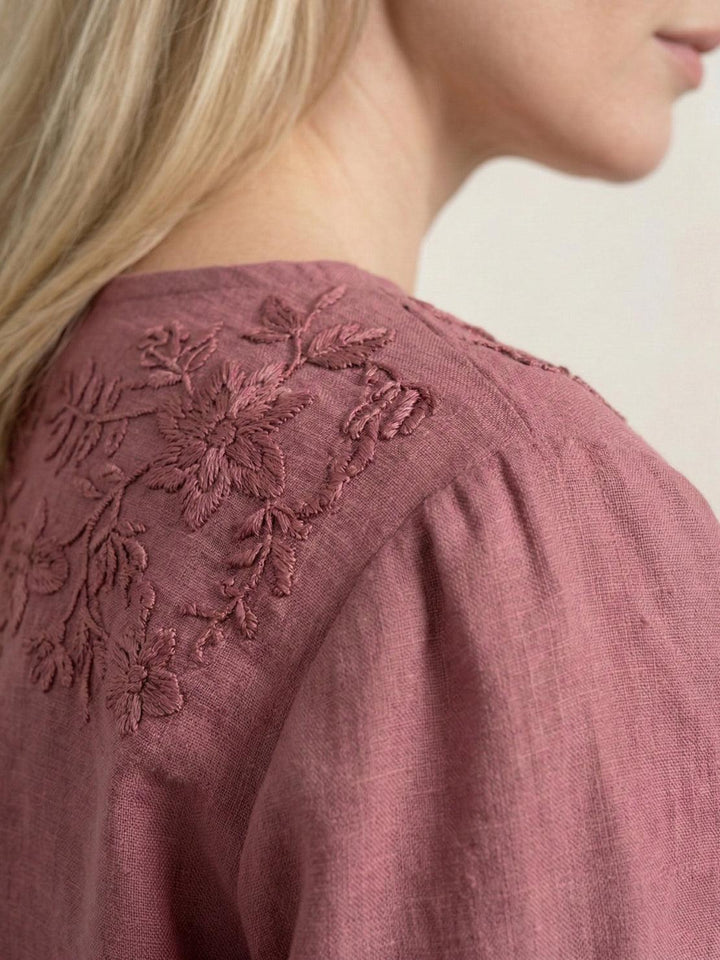 100% Cotton-Linen Embroidered Blouse raspberry red image 5 