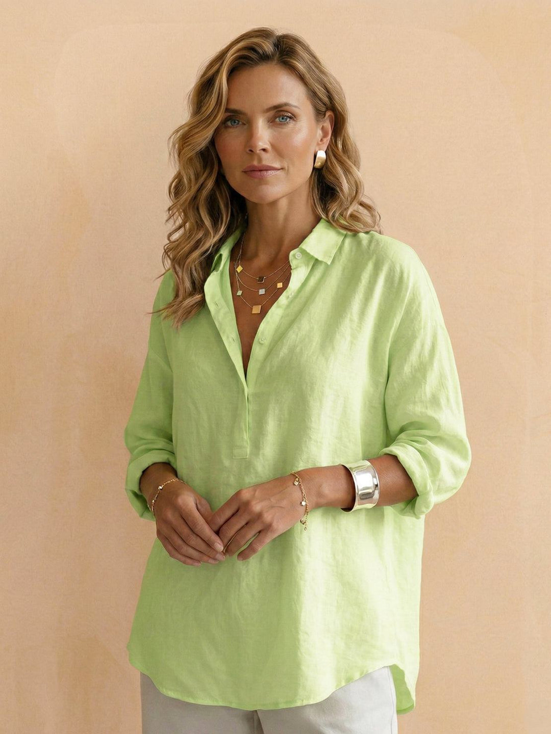 100% Cotton Popover Blouse yellow green image 1 