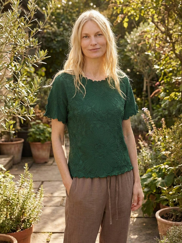 Floral Jacquard Pleated Top dark green image 2 