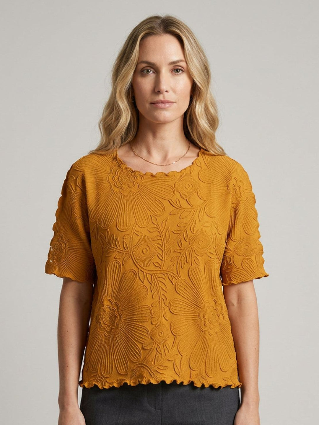Floral Jacquard Pleated Top mustard image 1 
