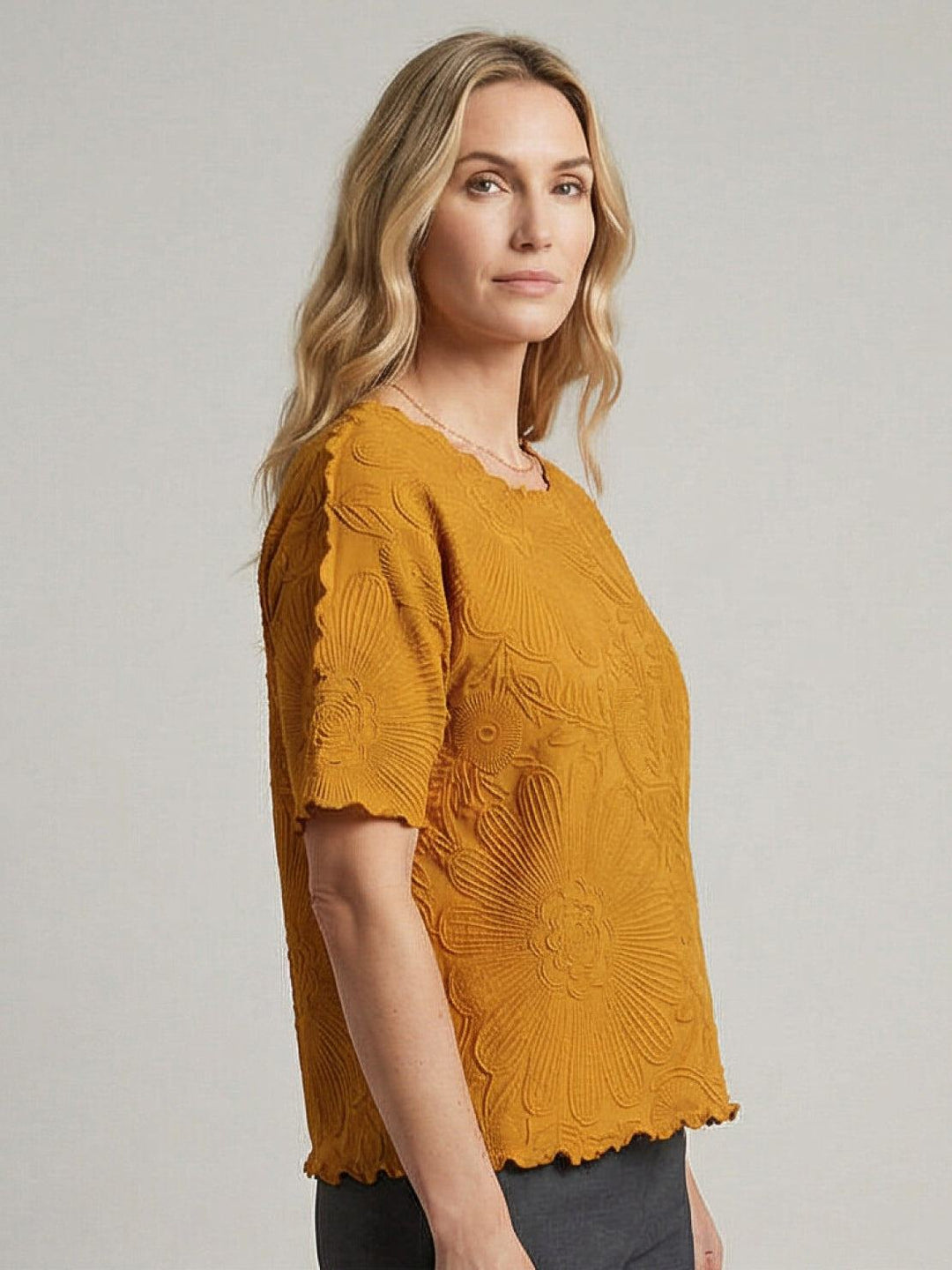 Floral Jacquard Pleated Top mustard image 3 