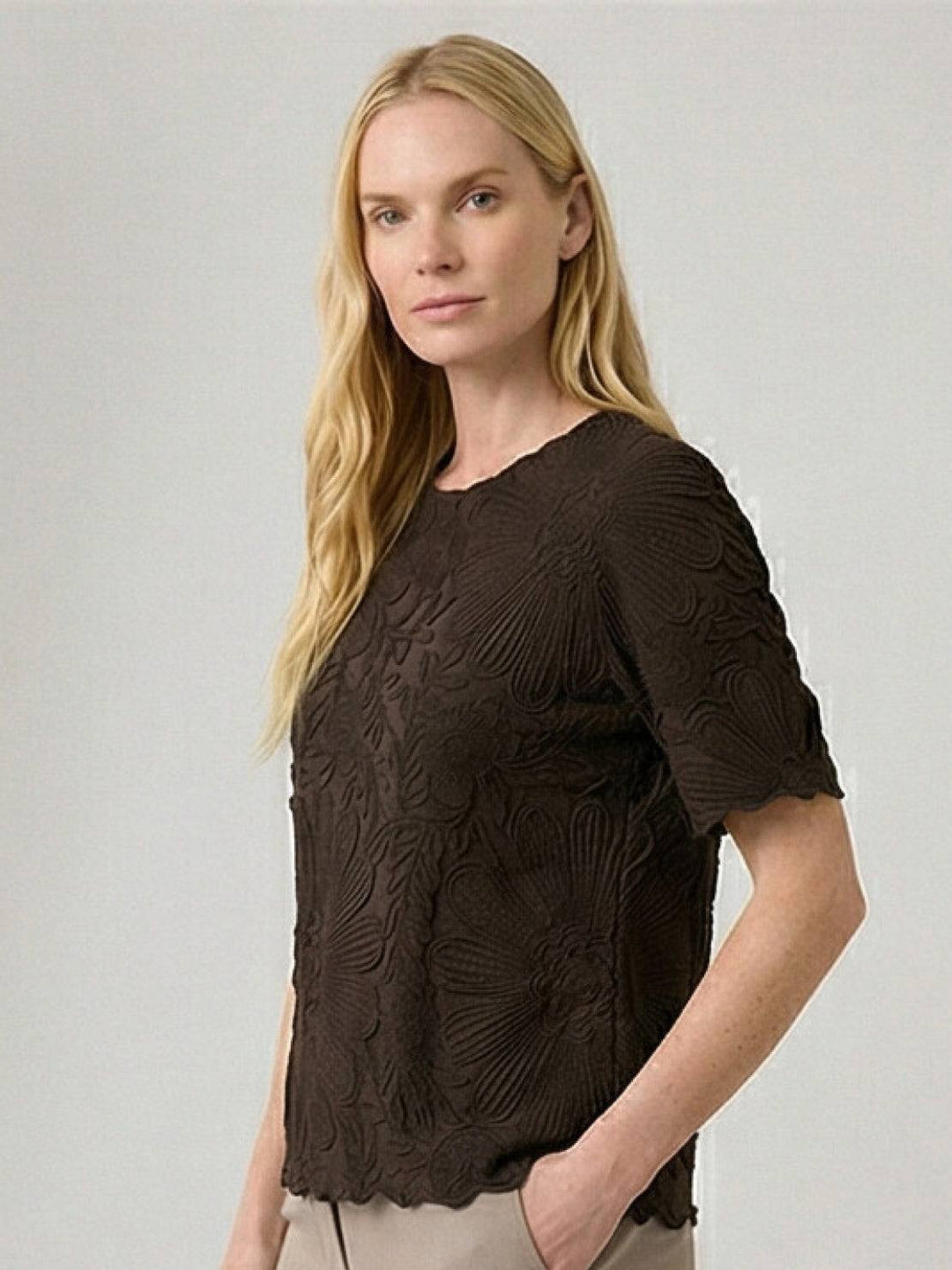 Floral Jacquard Pleated Top coffee brown image 3 