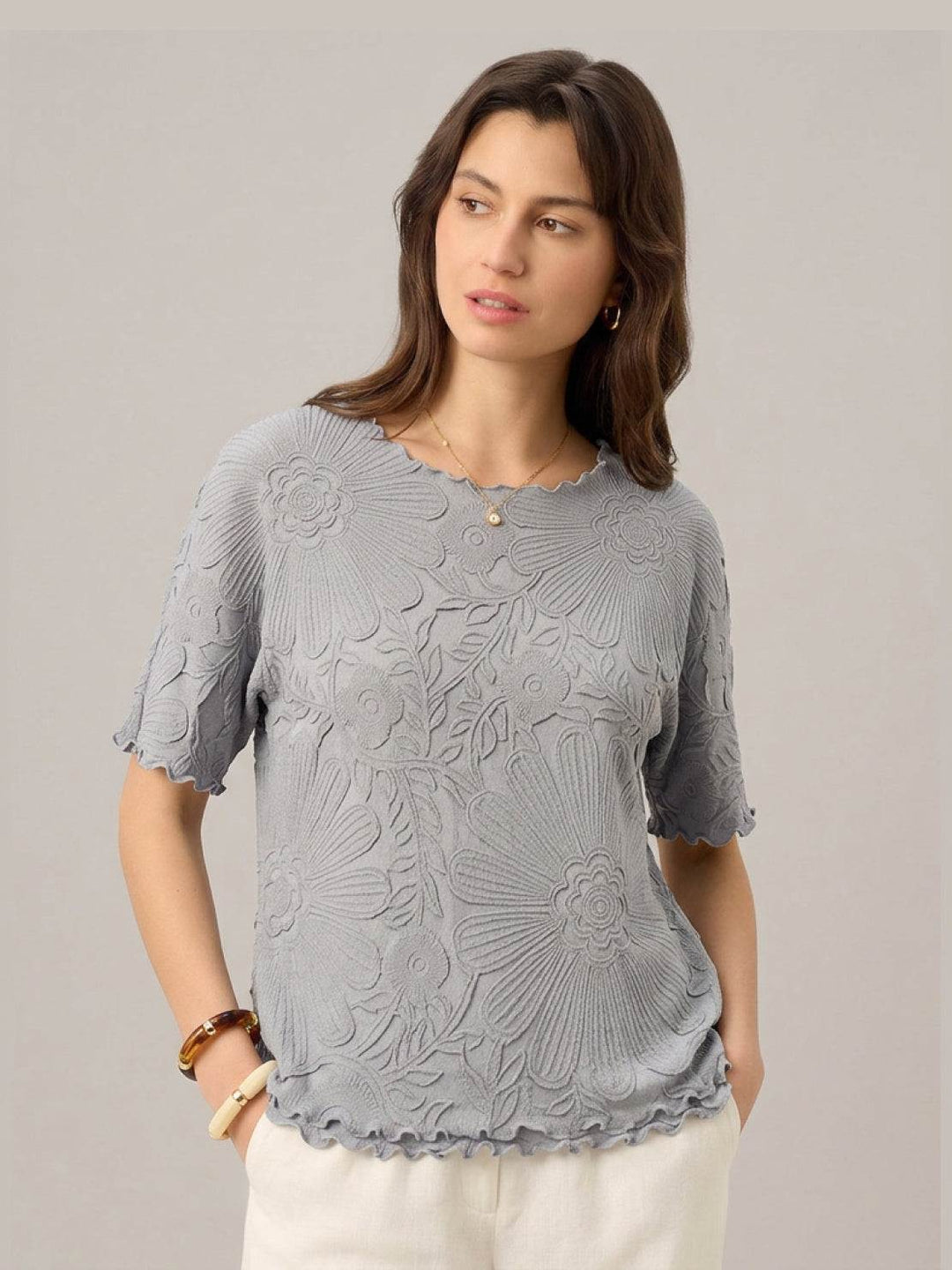 Floral Jacquard Pleated Top light gray image 1 