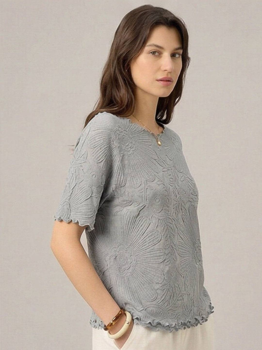 Floral Jacquard Pleated Top light gray image 3 