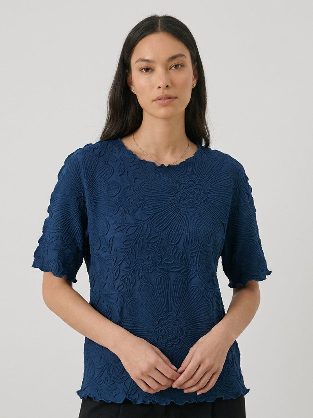 Floral Jacquard Pleated Top navy blue image 1 