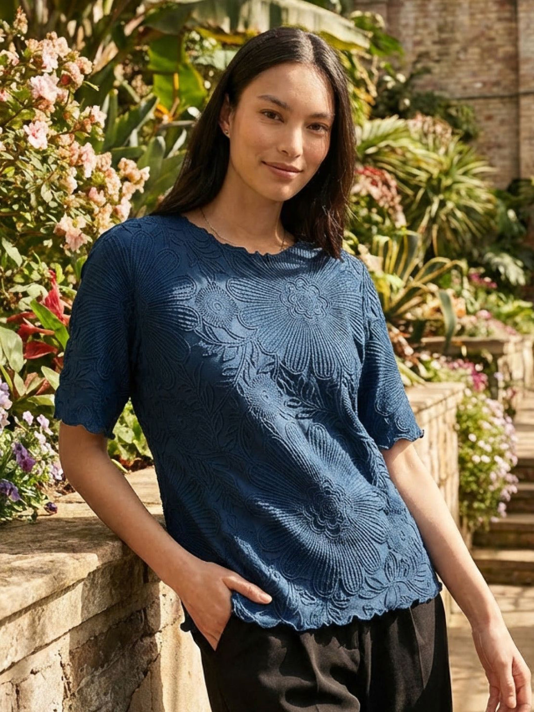 Floral Jacquard Pleated Top navy blue image 2 