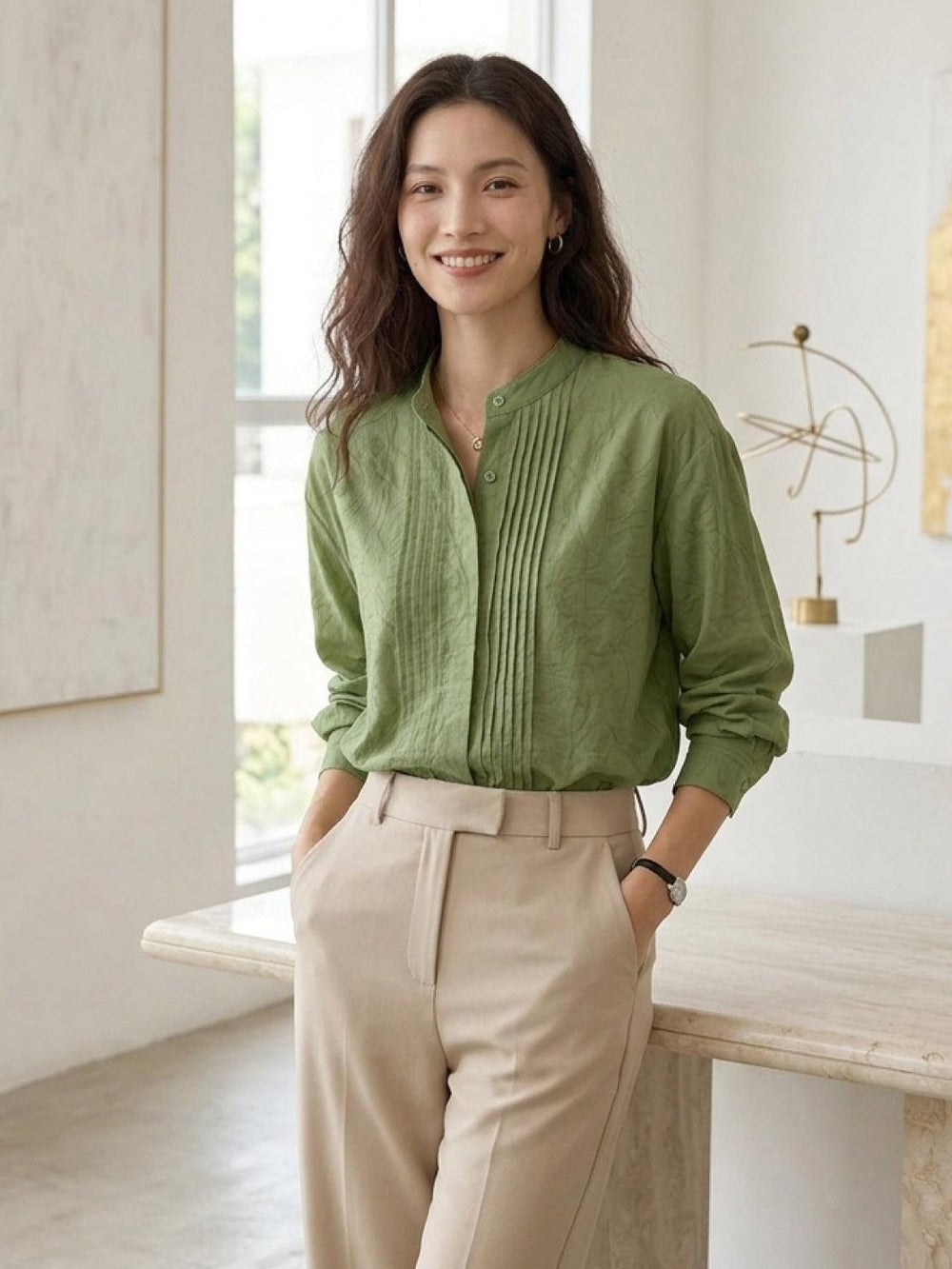 100% Linen Oversized Jacquard Shirt sage green image 2 #color_sage-green