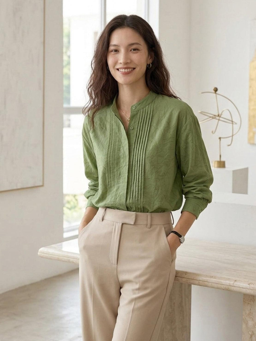100% Linen Oversized Jacquard Shirt sage green image 2 