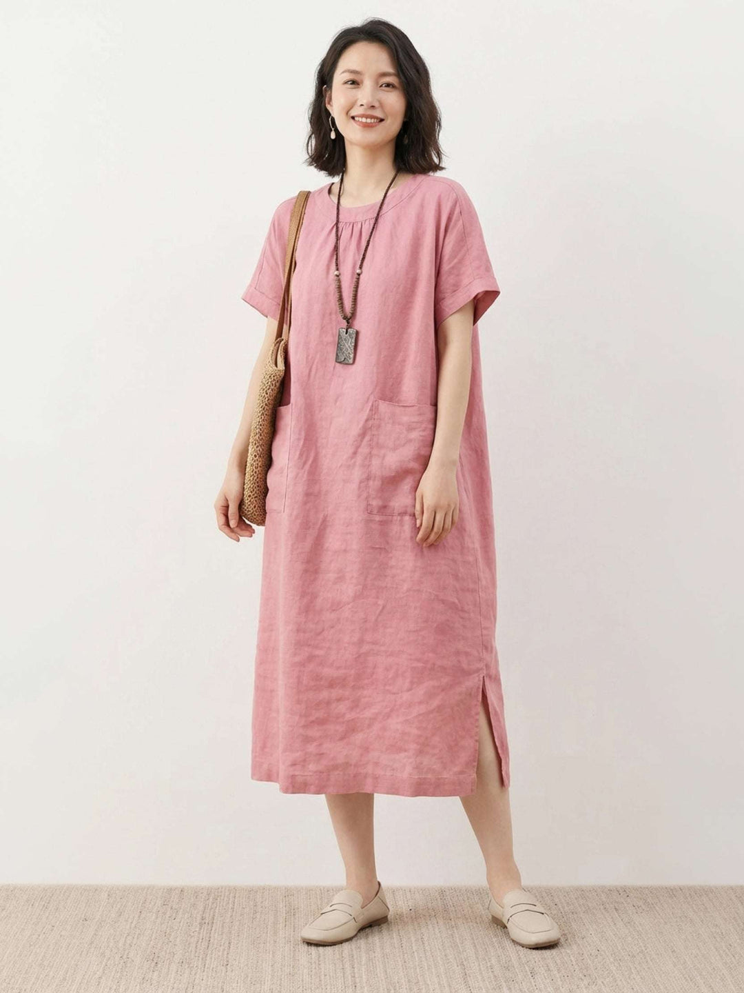 100% Linen Pocket Midi Dress light pink image 1 