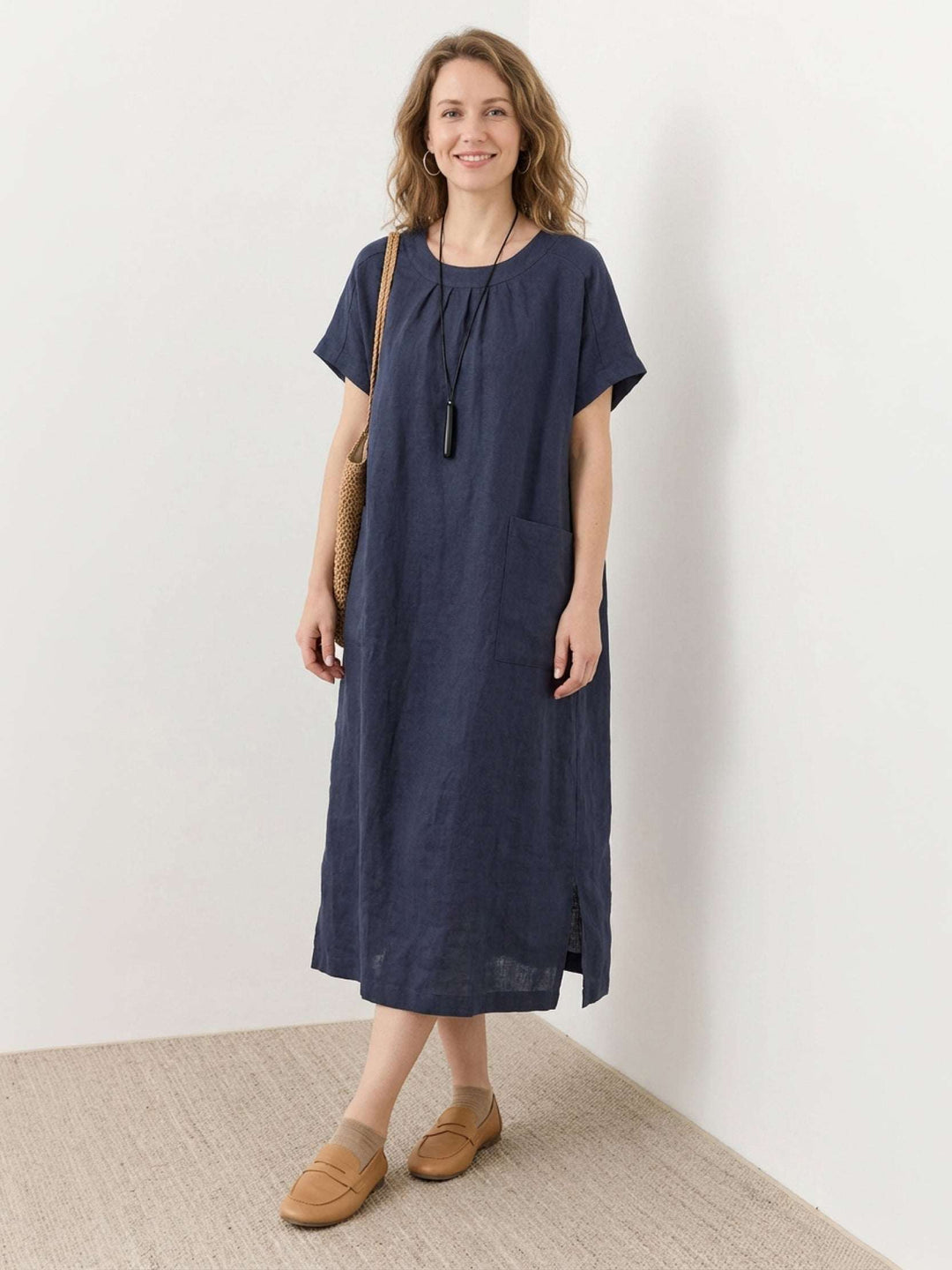100% Linen Pocket Midi Dress navy blue image 1 