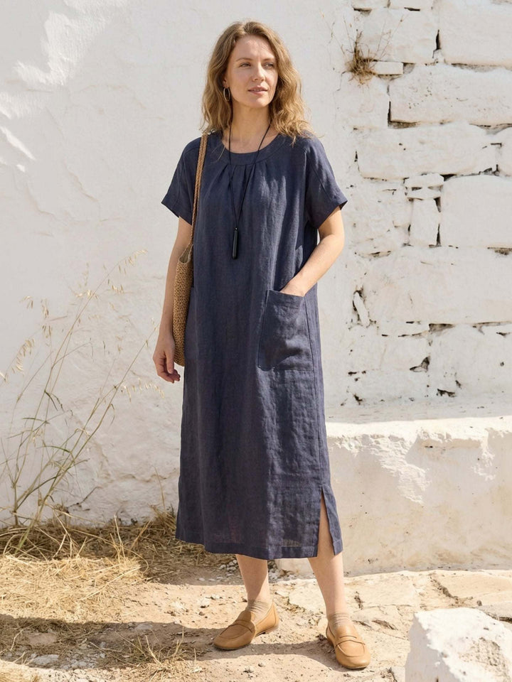 100% Linen Pocket Midi Dress navy blue image 2 