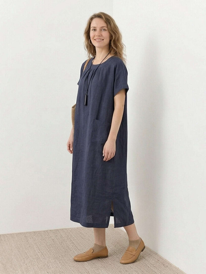 100% Linen Pocket Midi Dress navy blue image 3 