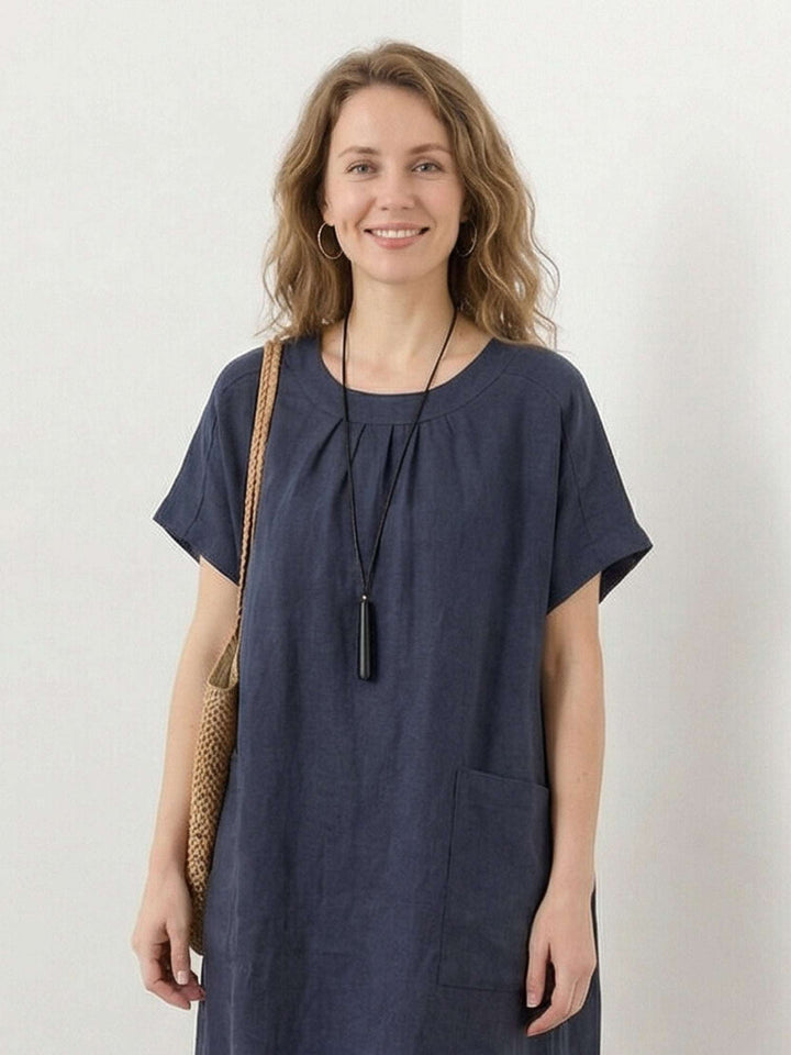 100% Linen Pocket Midi Dress navy blue image 4 