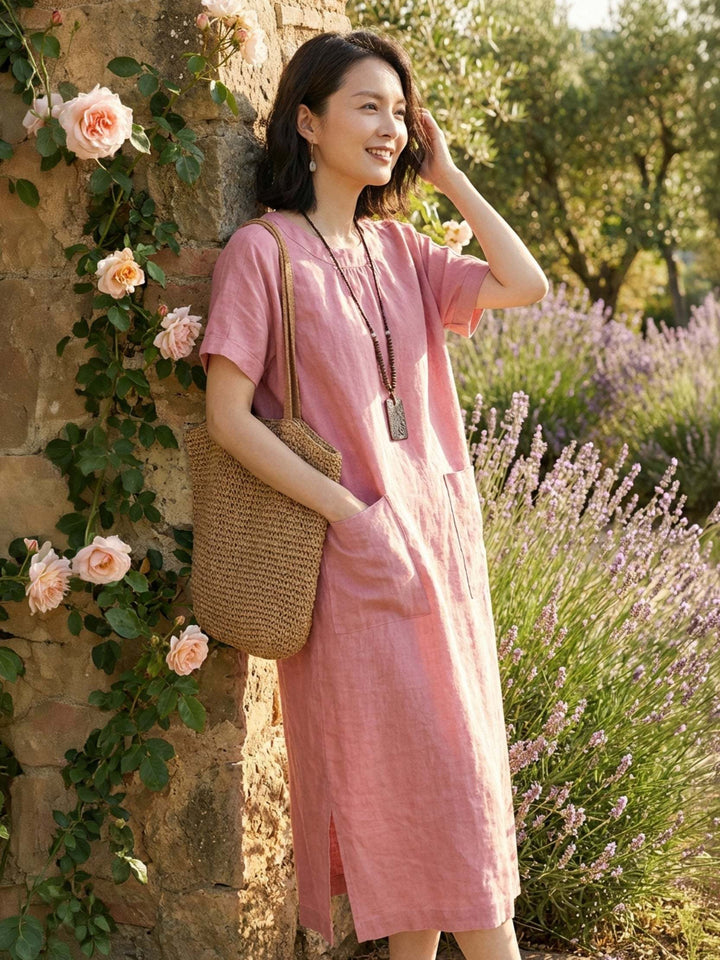 100% Linen Pocket Midi Dress light pink image 2 