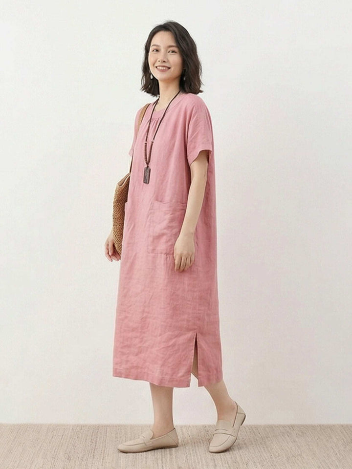 100% Linen Pocket Midi Dress light pink image 3 