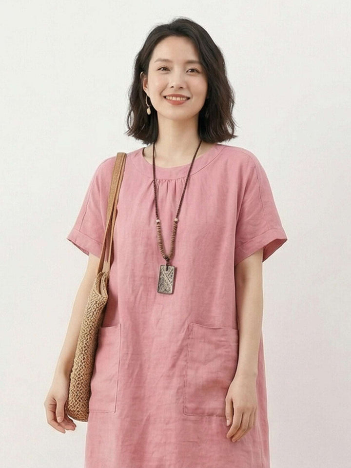 100% Linen Pocket Midi Dress light pink image 4 