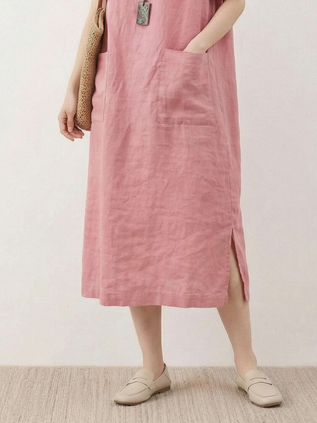 100% Linen Pocket Midi Dress light pink image 5 