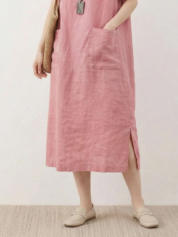 100% Linen Pocket Midi Dress light pink image 5 