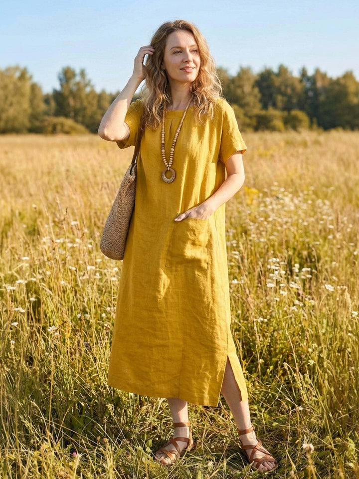 100% Linen Pocket Midi Dress yellow image 2 