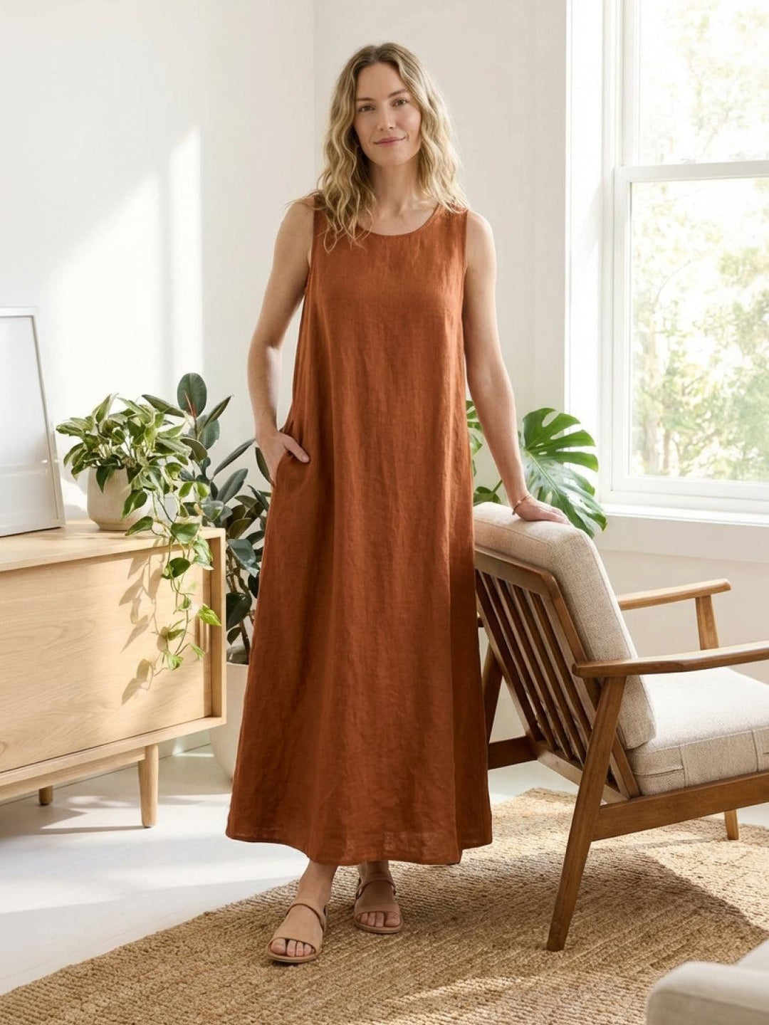 100% Cotton Linen Sleeveless Maxi Dress rusty orange image 2 