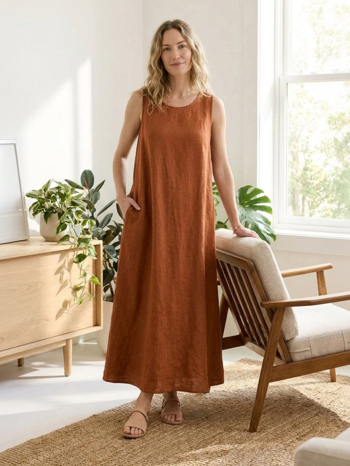 100% Cotton Linen Sleeveless Maxi Dress rusty orange image 2 
