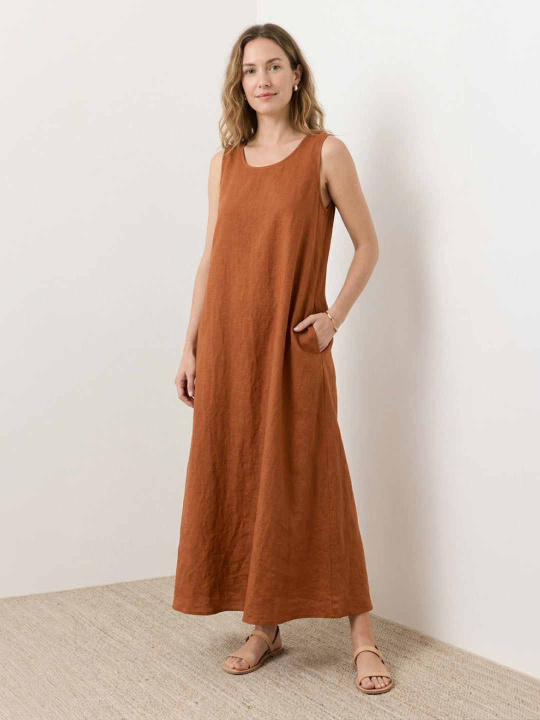 100% Cotton Linen Sleeveless Maxi Dress rusty orange image 1 