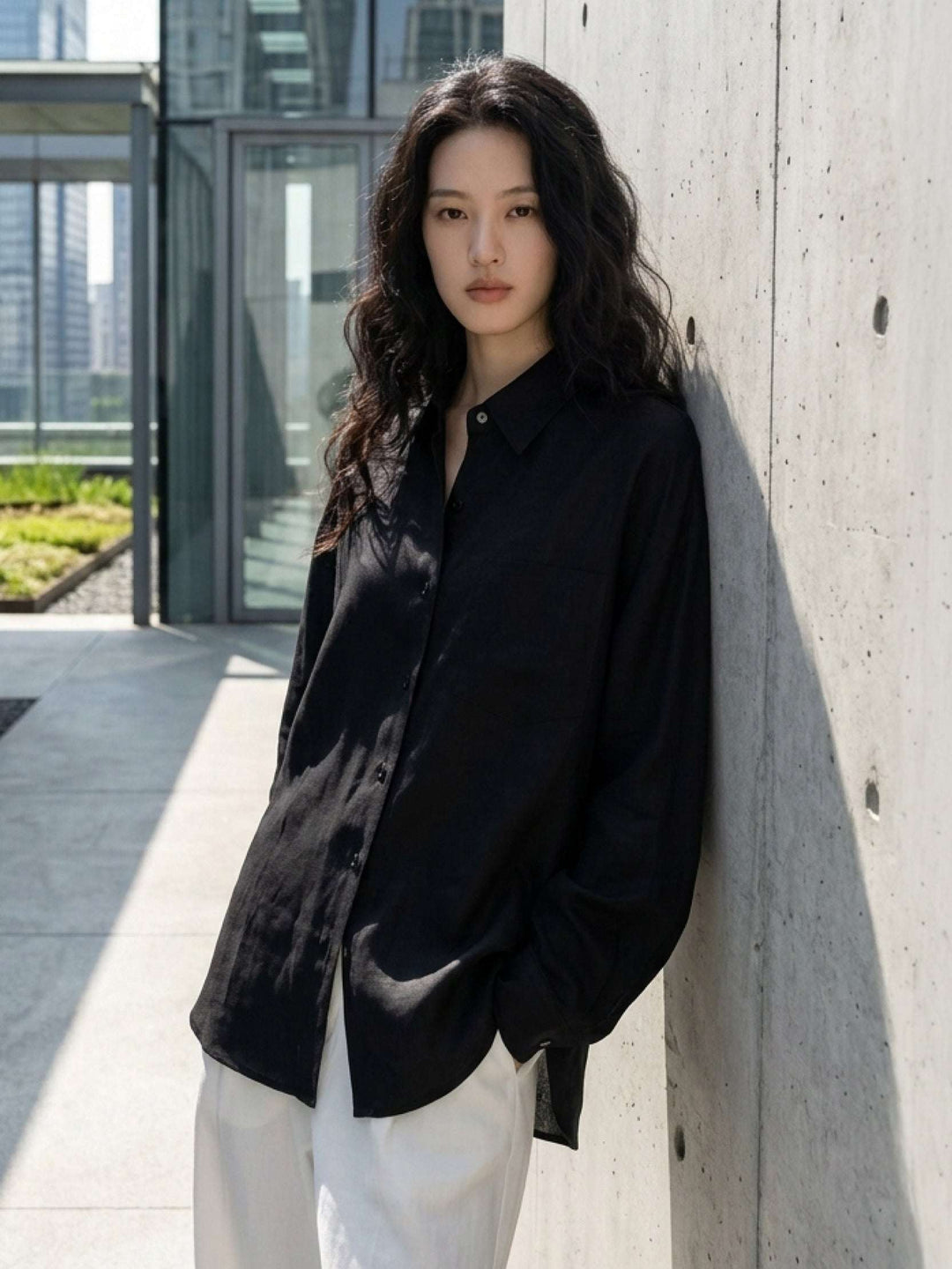 100% Cotton-Linen Classic Oversized Shirt black image 2 