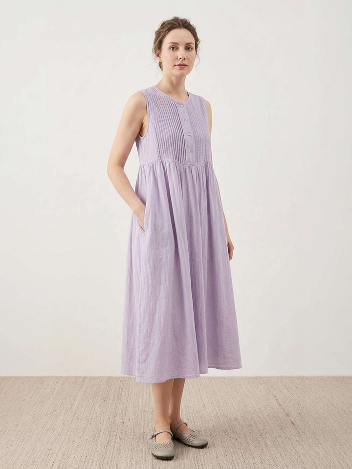 100% Cotton Linen Pleated Midi Dress light lavender image 1 
