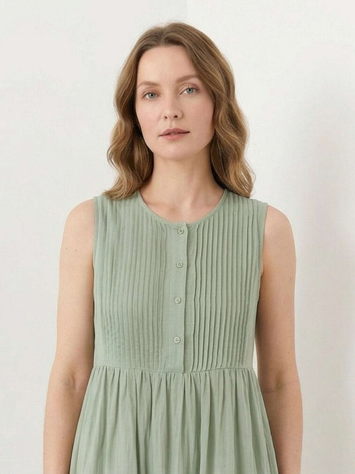 100% Cotton Linen Pleated Midi Dress sage green image 5 