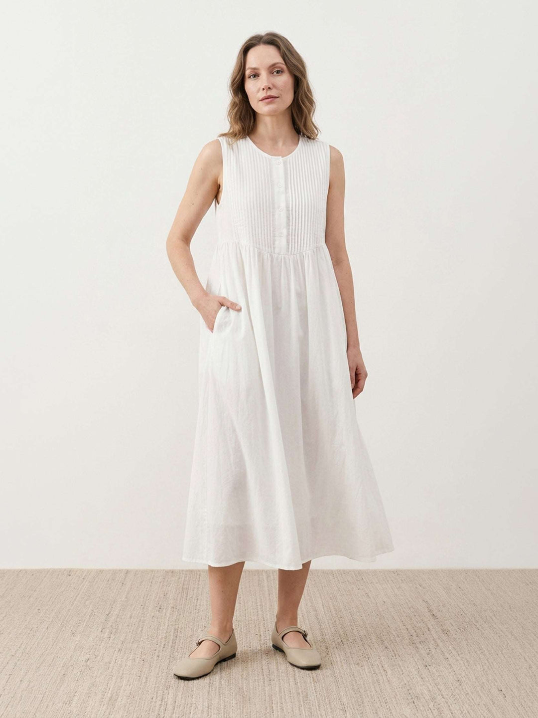 100% Cotton Linen Pleated Midi Dress white image 1 