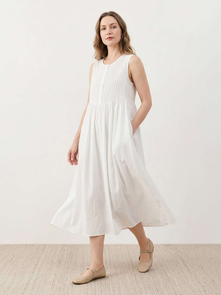 100% Cotton Linen Pleated Midi Dress white image 2 