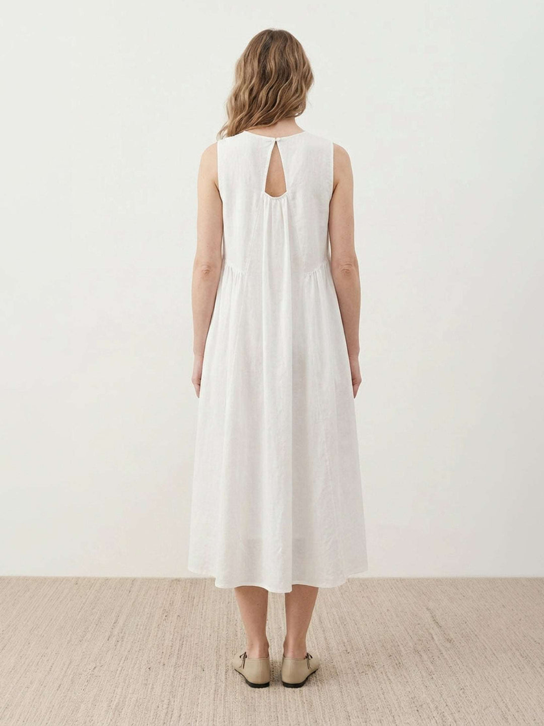 100% Cotton Linen Pleated Midi Dress white image 4 