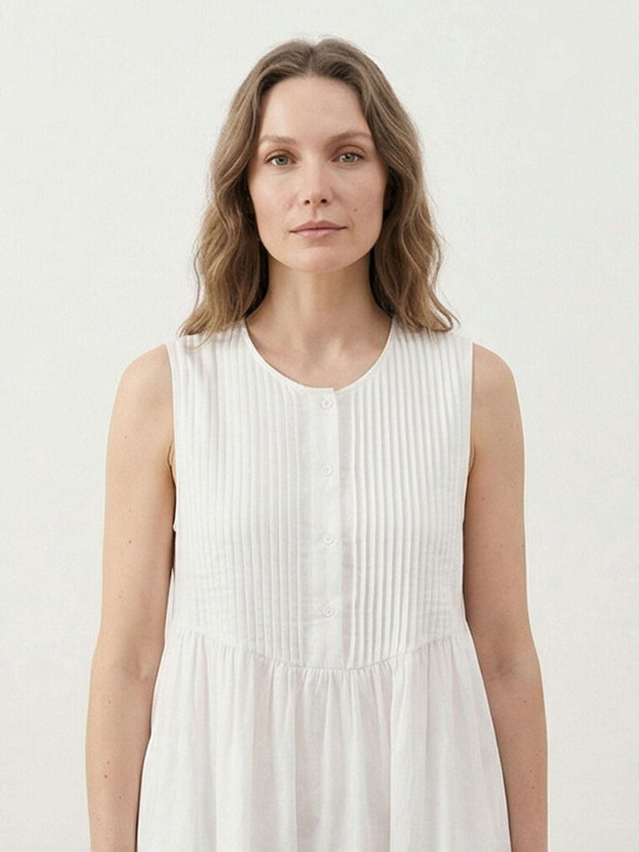 100% Cotton Linen Pleated Midi Dress white image 5 