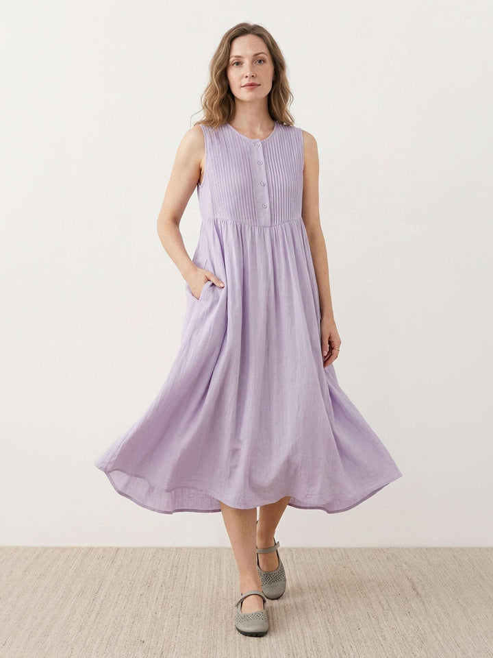 100% Cotton Linen Pleated Midi Dress light lavender image 2 