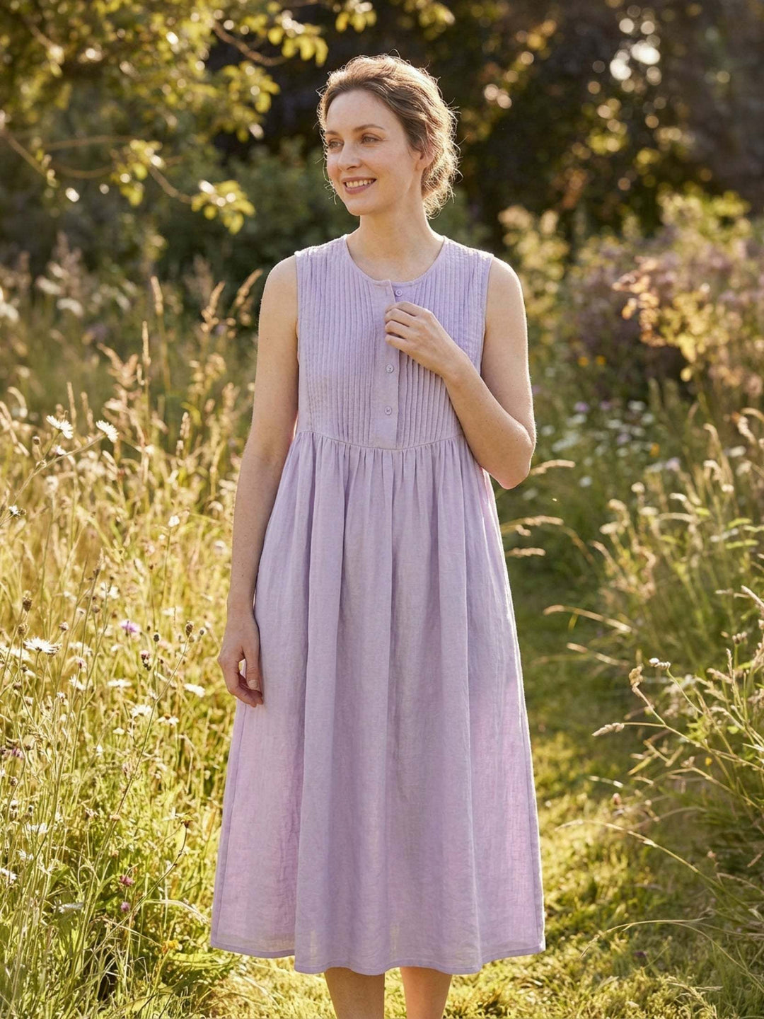 100% Cotton Linen Pleated Midi Dress light lavender image 3 