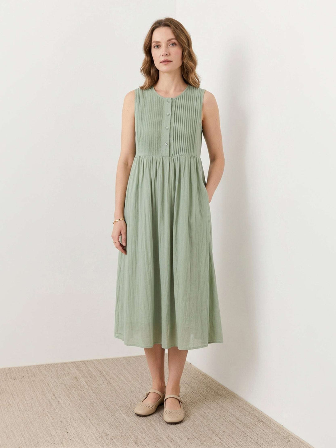 100% Cotton Linen Pleated Midi Dress sage green image 1 