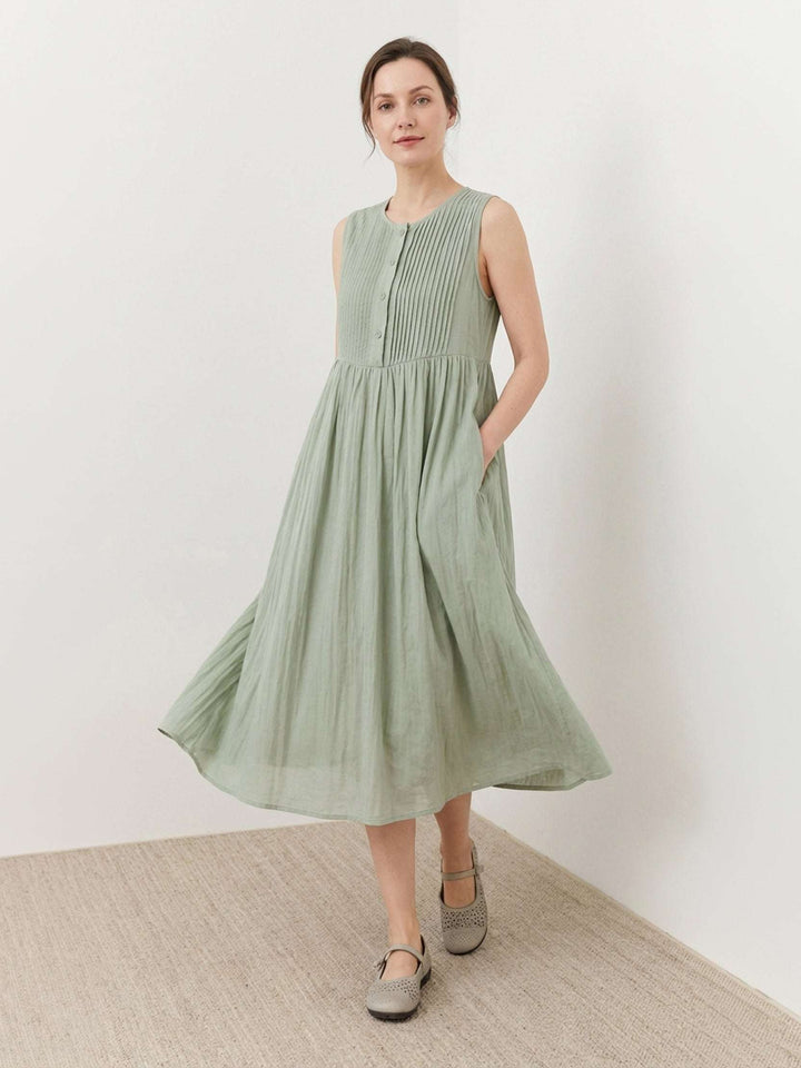 100% Cotton Linen Pleated Midi Dress sage green image 2 