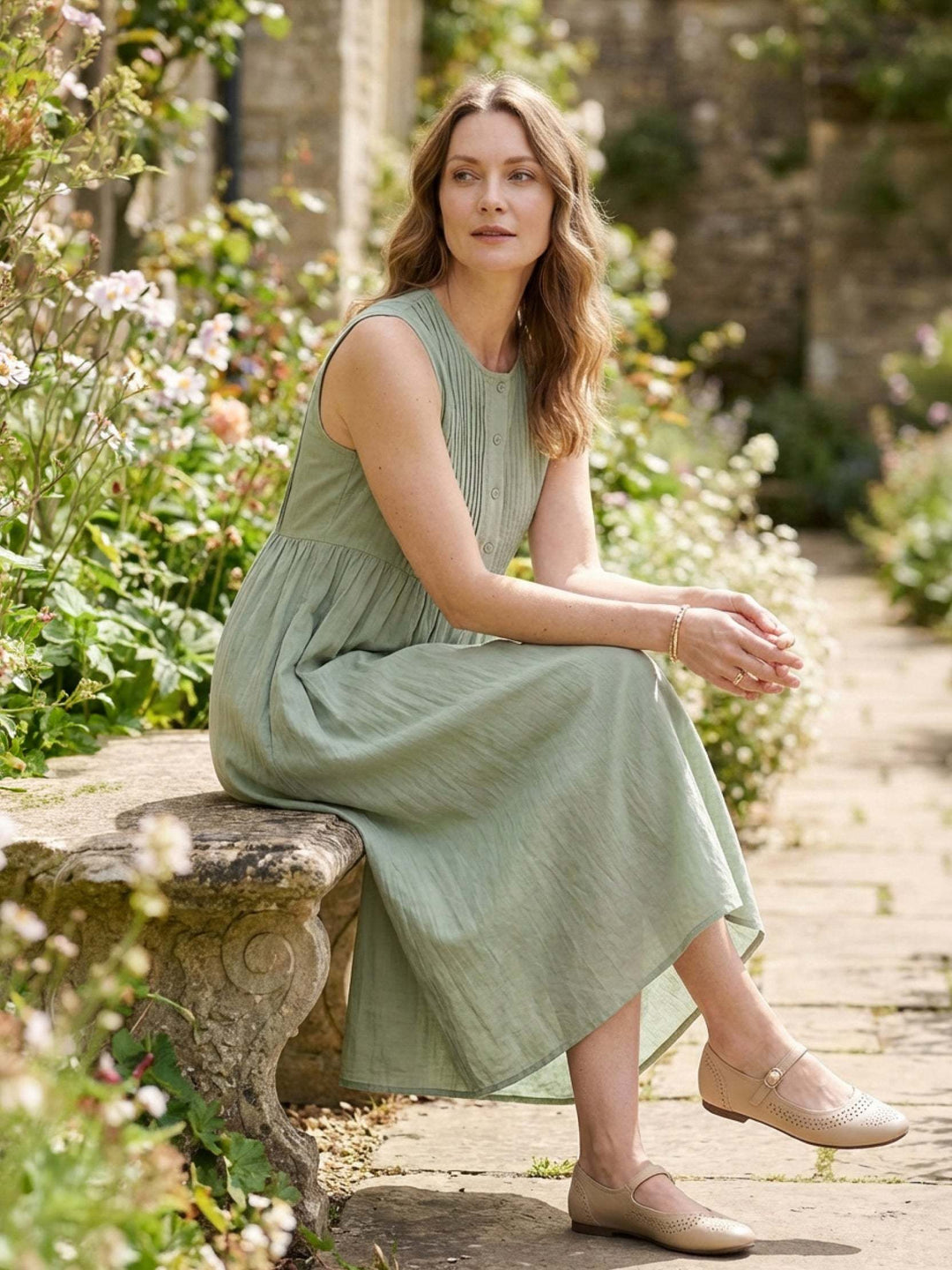 100% Cotton Linen Pleated Midi Dress sage green image 3 