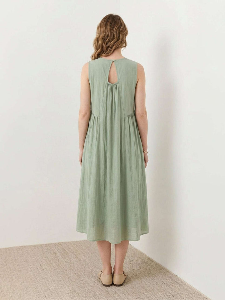 100% Cotton Linen Pleated Midi Dress sage green image 4 