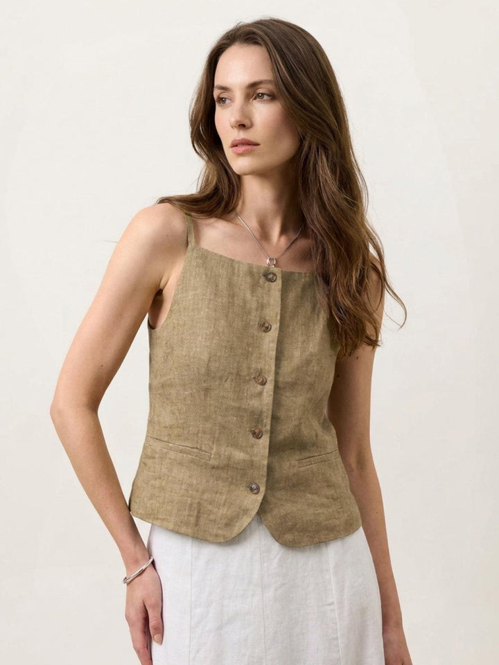 100% Linen Yarn-Dyed Vest dark sand image 1 