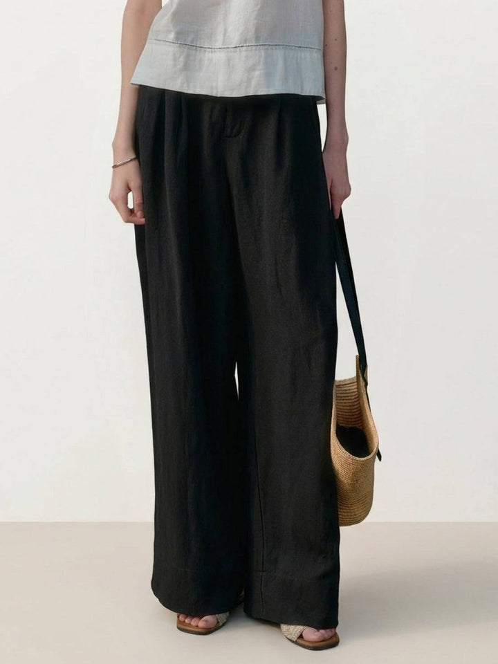 Linen-Bamboo Pleated Wide-Leg Pants black image 1 