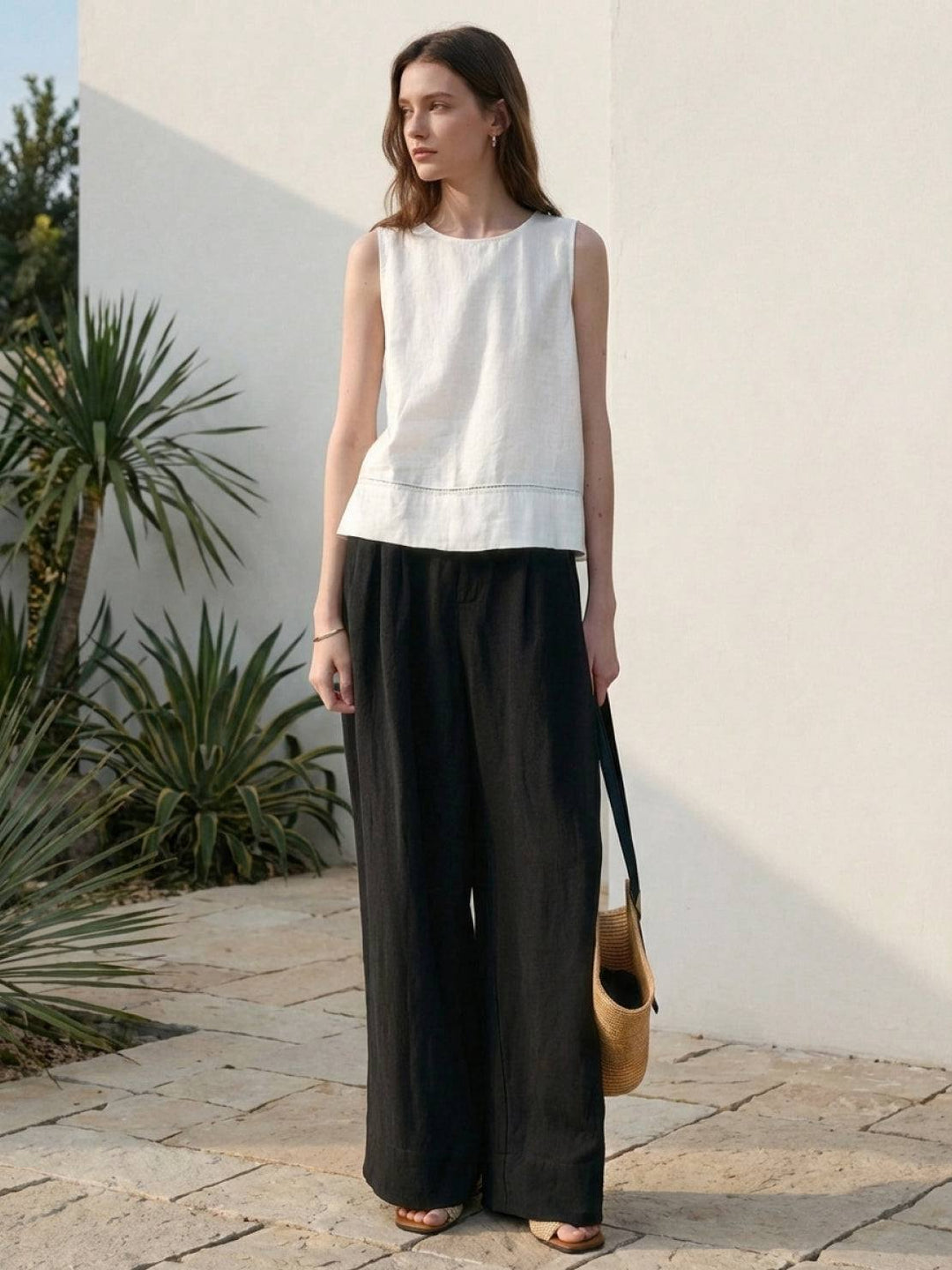 Linen-Bamboo Pleated Wide-Leg Pants black image 2 