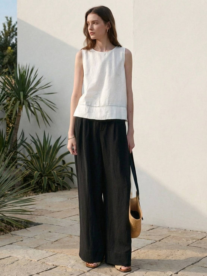 Linen-Bamboo Pleated Wide-Leg Pants black image 2 