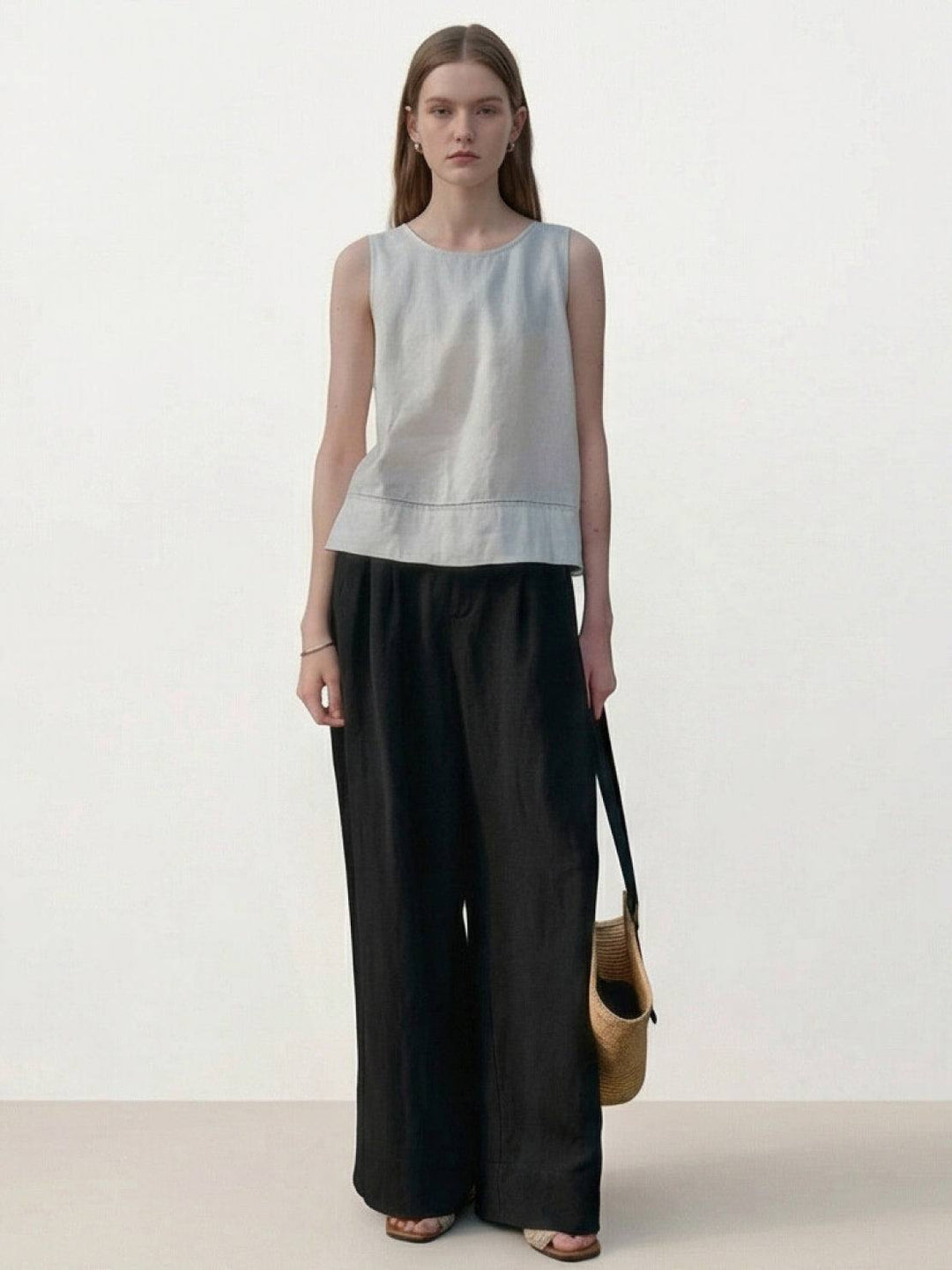 Linen-Bamboo Pleated Wide-Leg Pants black image 3 