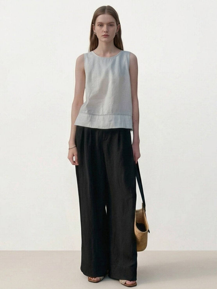 Linen-Bamboo Pleated Wide-Leg Pants black image 3 
