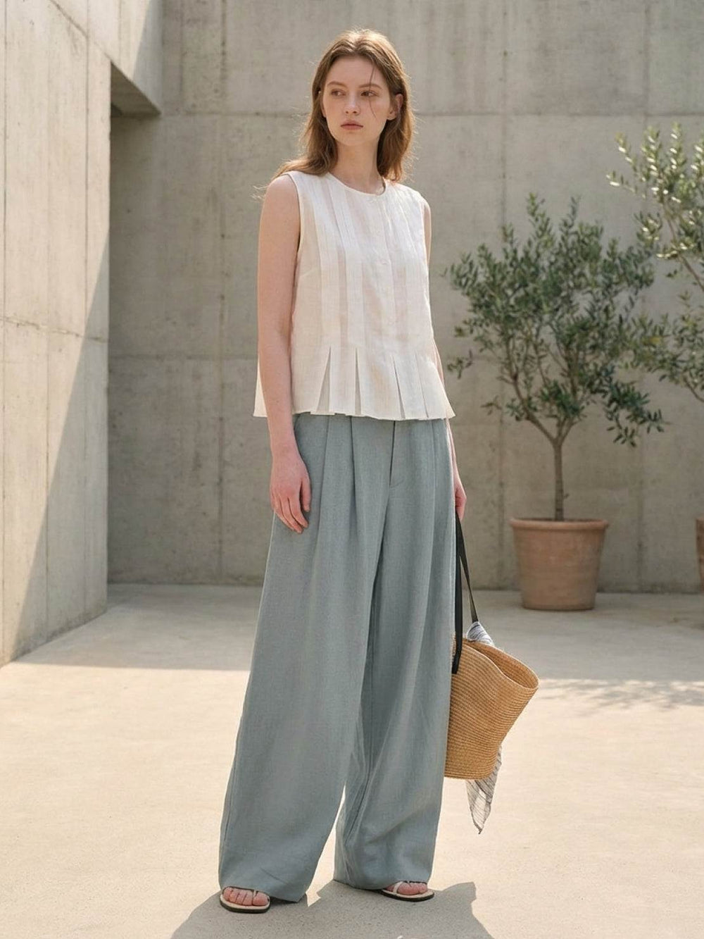 Linen-Bamboo Pleated Wide-Leg Pants dusty blue image 2 #color_dusty-blue