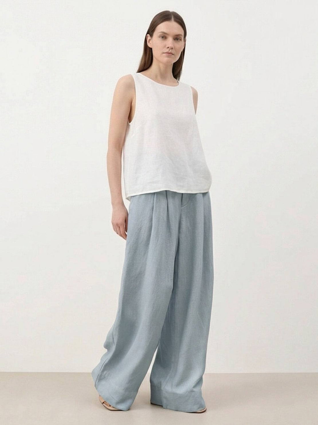 Linen-Bamboo Pleated Wide-Leg Pants dusty blue image 3 