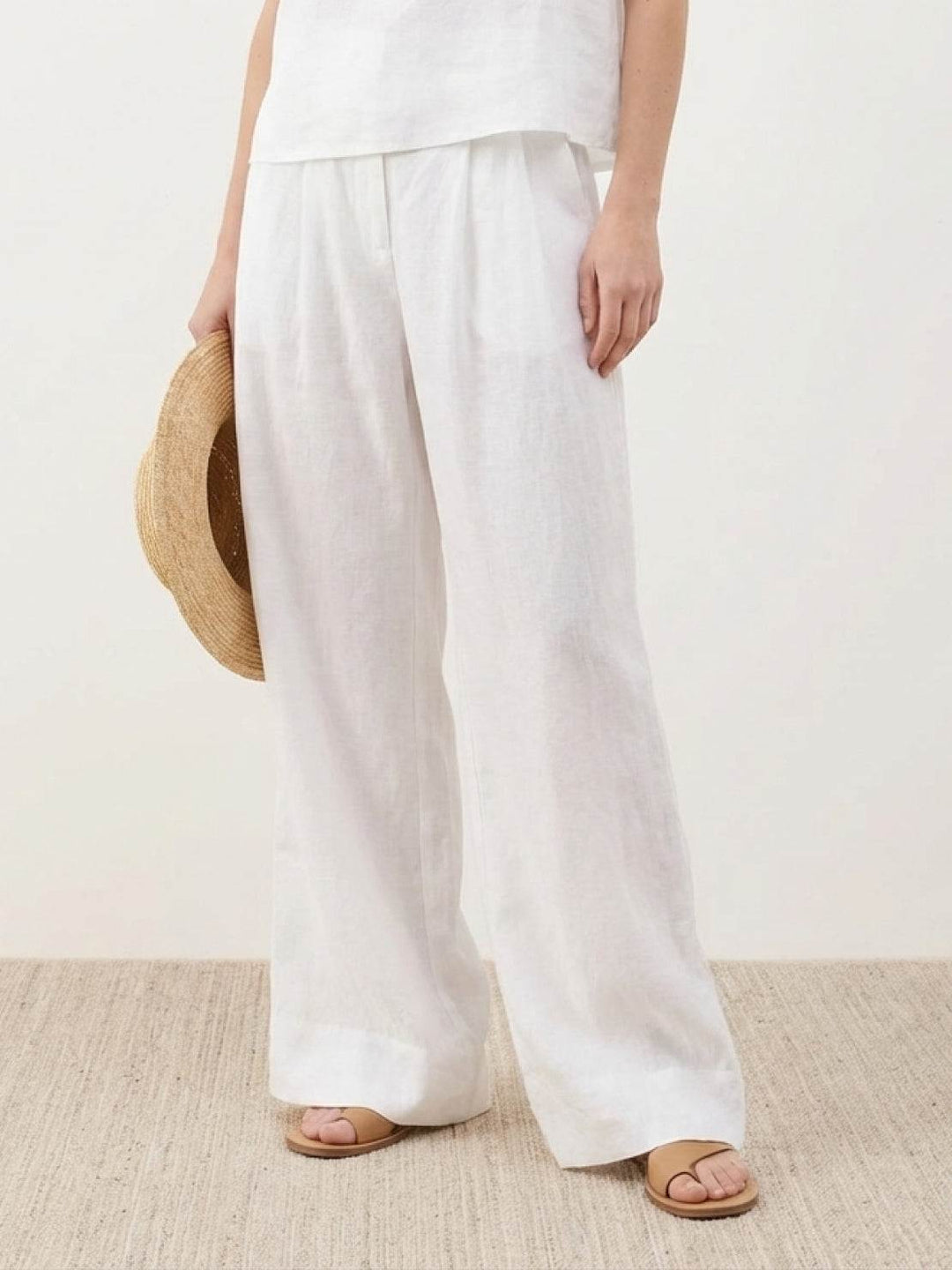 Linen-Bamboo Pleated Wide-Leg Pants white image 1 