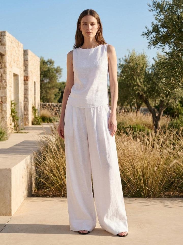 Linen-Bamboo Pleated Wide-Leg Pants white image 2 